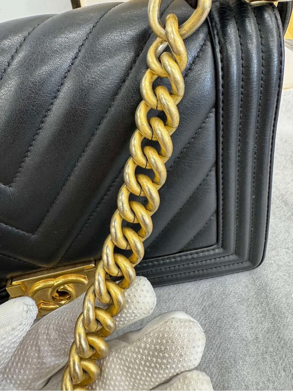 CHANEL Black Chevron Lambskin LeBoy Shoulder Bag with Gold Hardware
